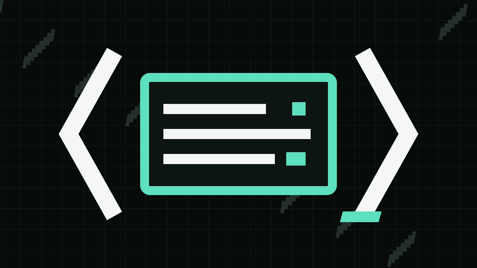 Square brackets frame a guarded code window with two mint status blocks