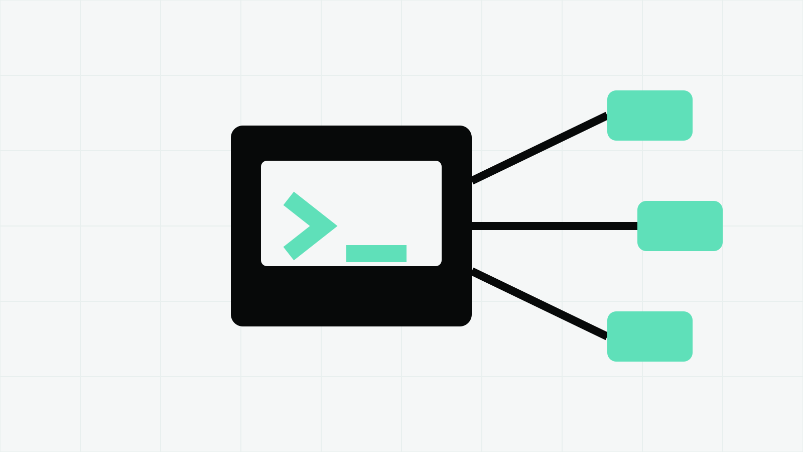 Mint brackets connect a terminal window to three tool blocks on a pale technical grid.