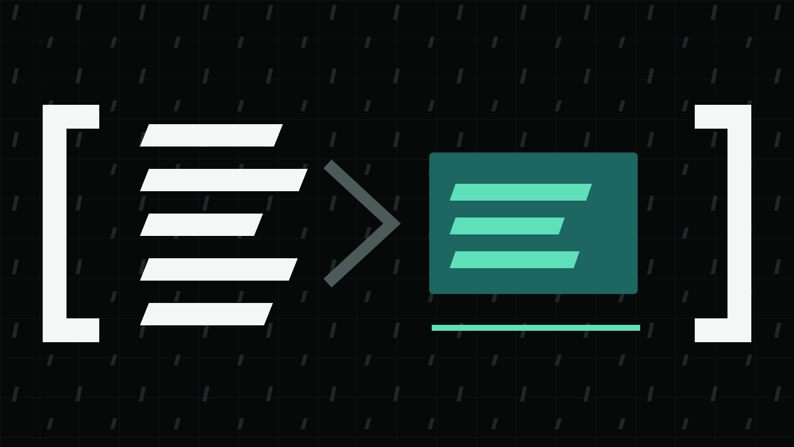 Five paper-white context bars converge into three mint summary bars between brackets on a dark technical grid.