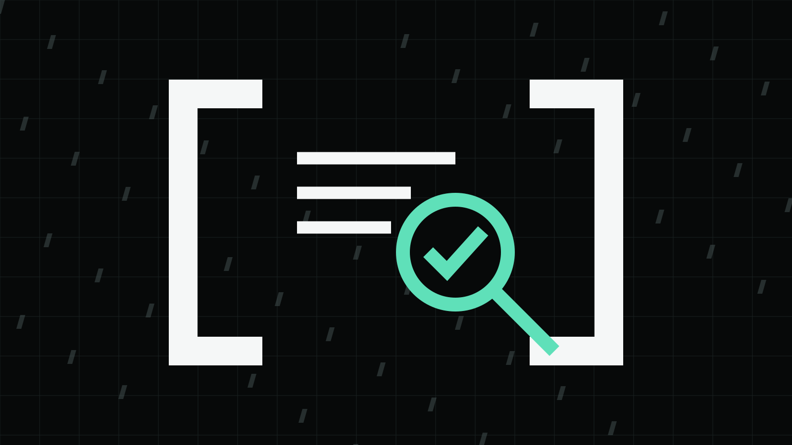 White code-review brackets around a mint inspection lens on a dark grid.