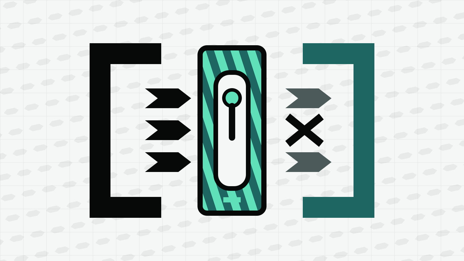 Black and teal square brackets contain a mint-striped isolation channel, with allowed arrows on one side and a blocked path on the other.
