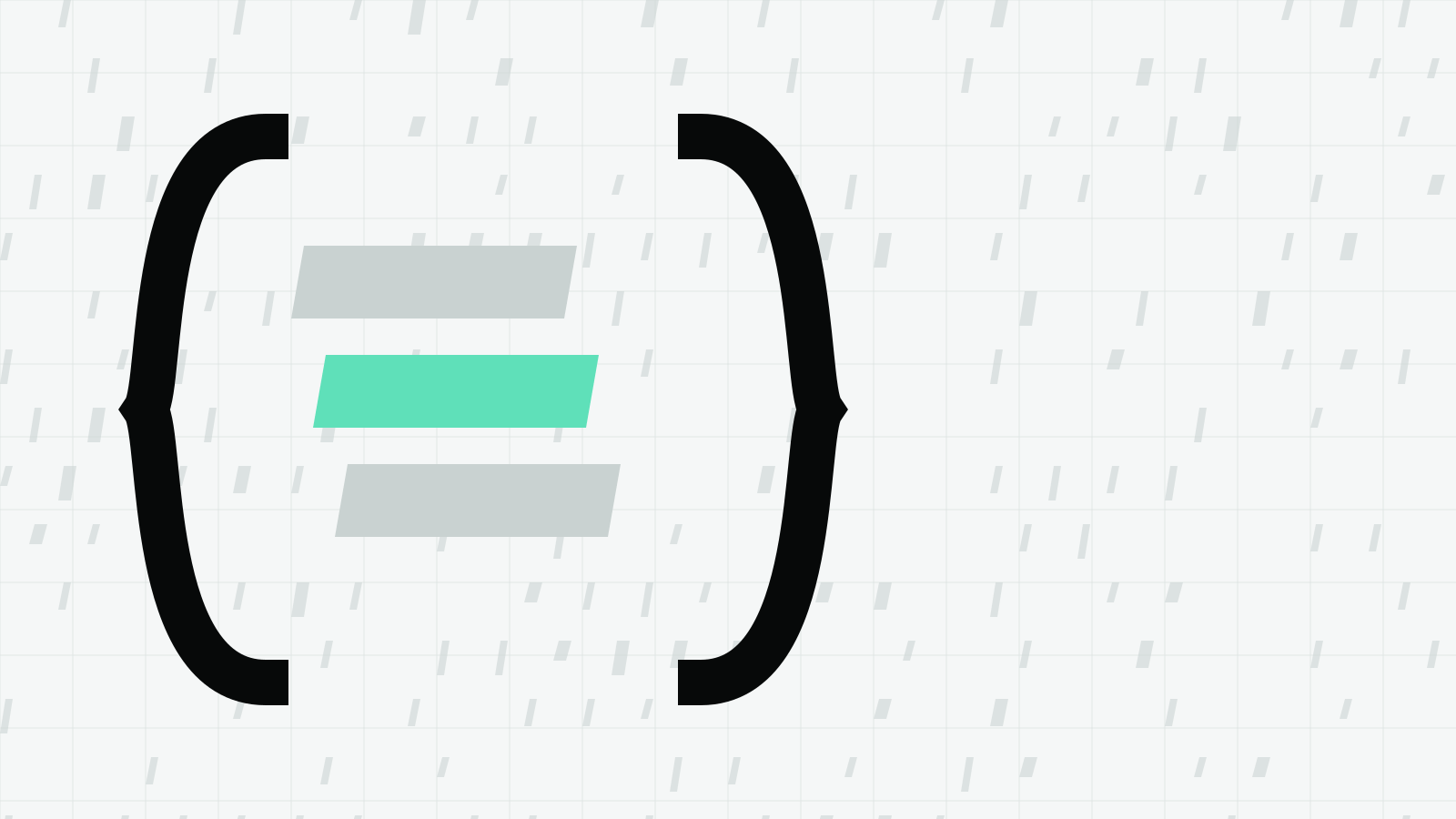 Two black curly braces around three stacked slanted bars, the middle one mint, on a light grid