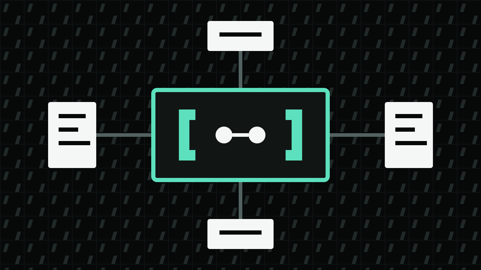 Four specialist agent cards connected to a mint-bracketed central Claude Code session on a dark technical grid.
