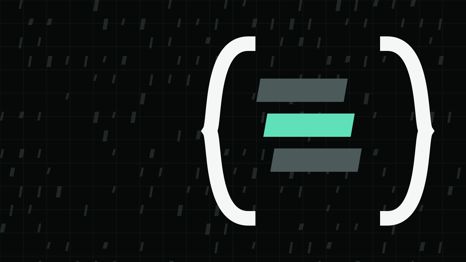 Two white curly braces around three stacked slanted bars, the middle one mint, on a dark grid