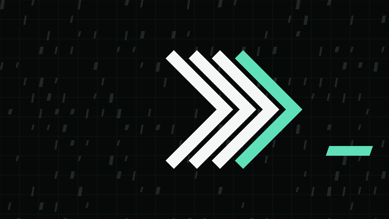 Four angle chevrons pointing right on a dark grid, the last one mint, with a mint cursor bar below them