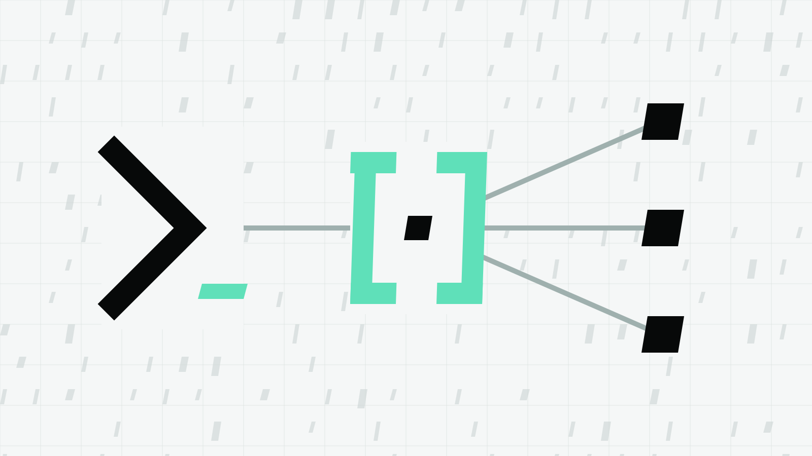 A black chevron prompt with a mint cursor wired to mint square brackets that branch out to three black blocks on a pale grid.