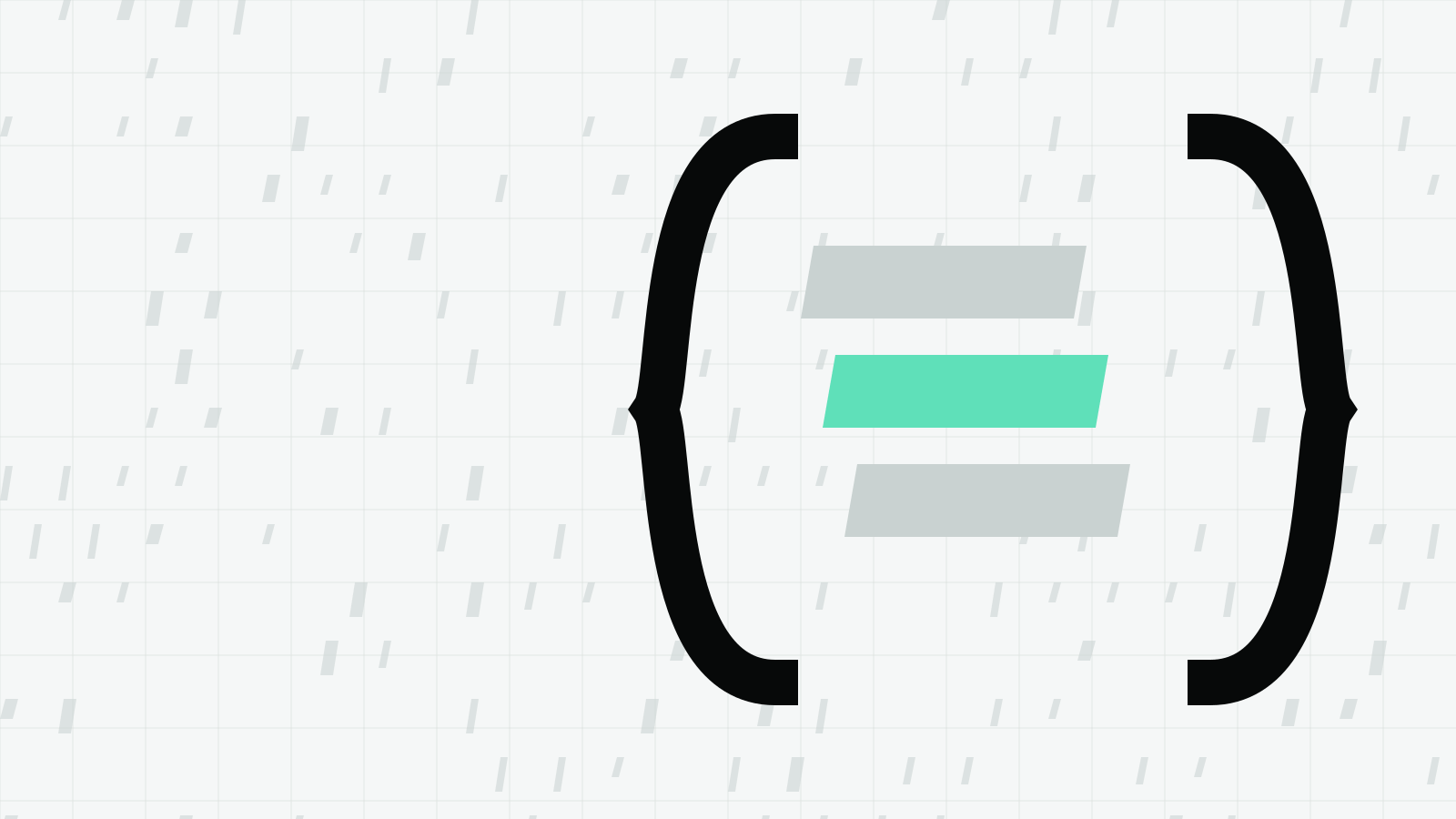 Two dark curly braces on a pale grid around three slanted grey bars, the middle bar mint