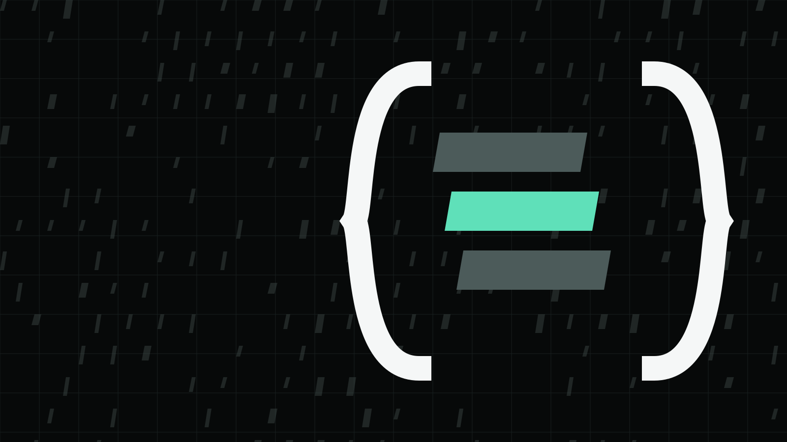 Two light curly braces on a dark grid around three slanted bars, the middle bar mint