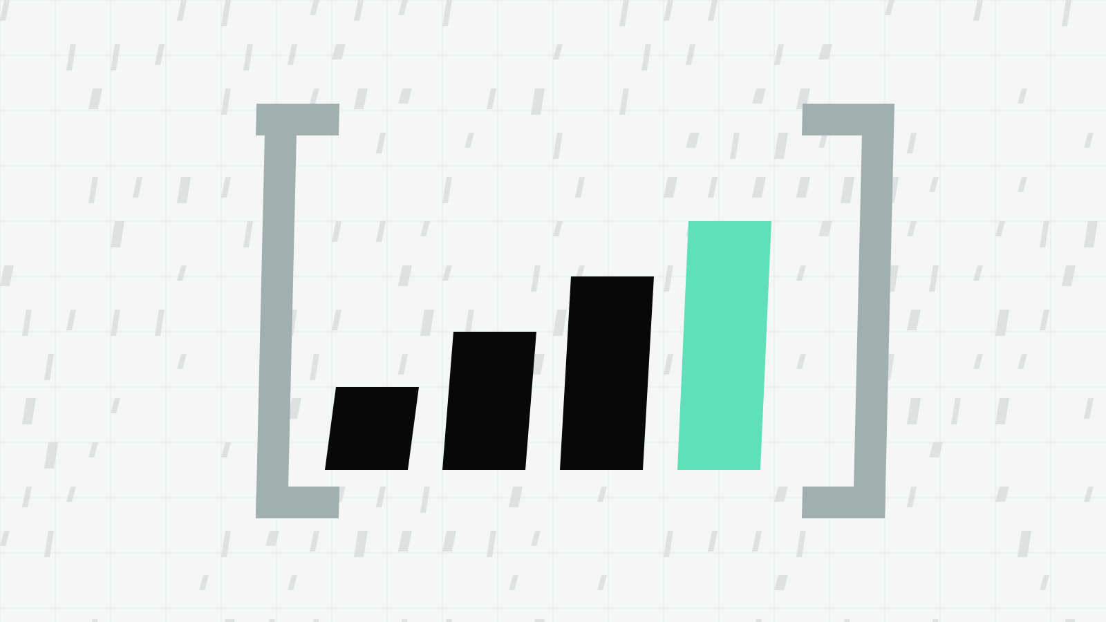 Four rising bars between grey square brackets on a pale grid of small slanted blades, the tallest bar mint.