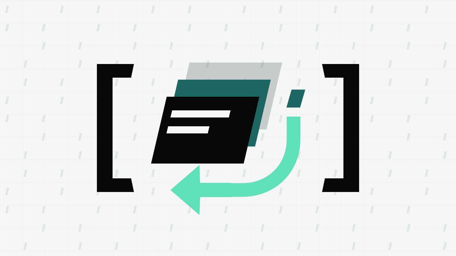 Layered file blades between square brackets with a mint return arrow on a pale grid.