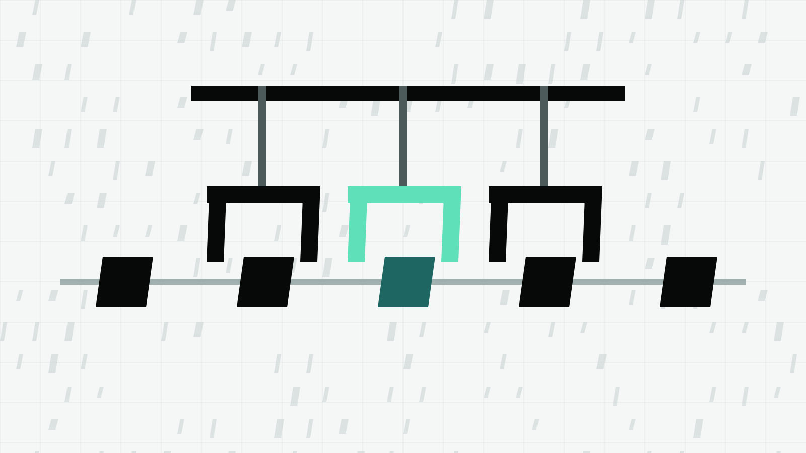 Three bracket-shaped clamps hang from an ink rail over a row of blocks on a grey track, the middle clamp mint above a deep teal block, on a paper grid.