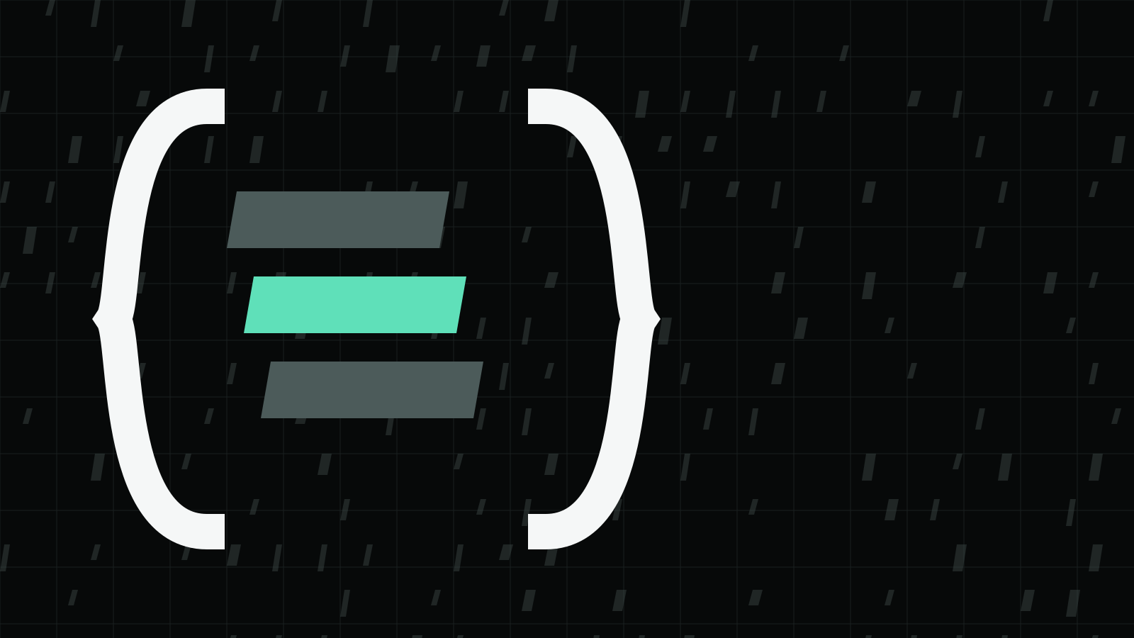 White curly braces around three slanted bars, the middle bar mint, on a dark grid with small blades.