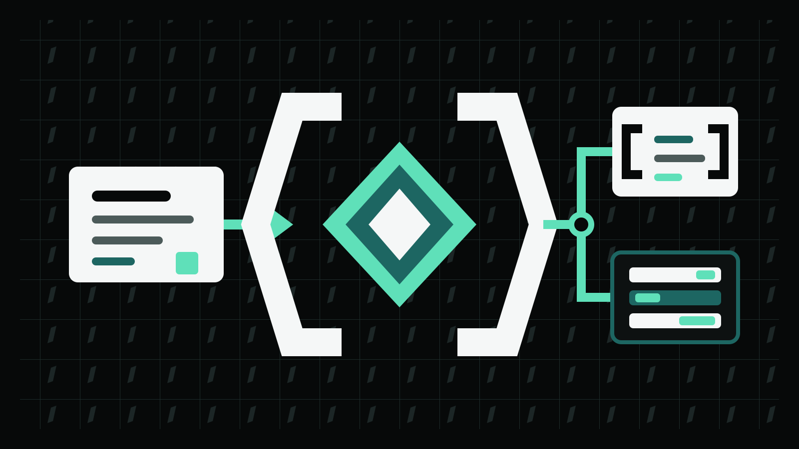 A Gemini diamond between white angle brackets splits one prompt card into compact JSON and a three-event stream on a dark technical grid.