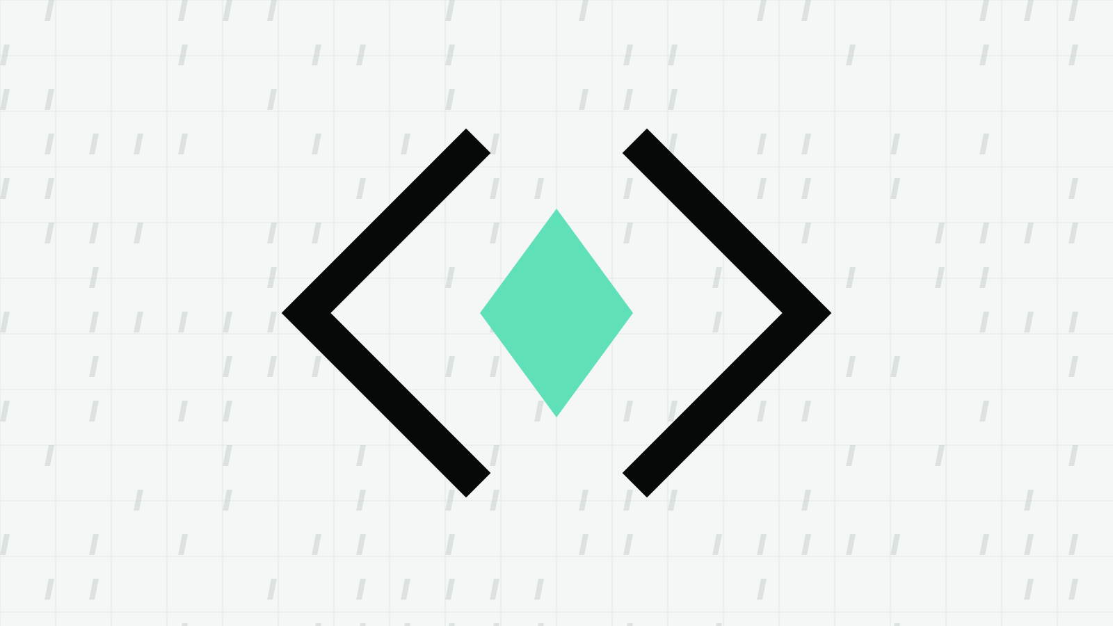 Dark angle brackets surround a mint diamond on a pale grid of small slanted blades.