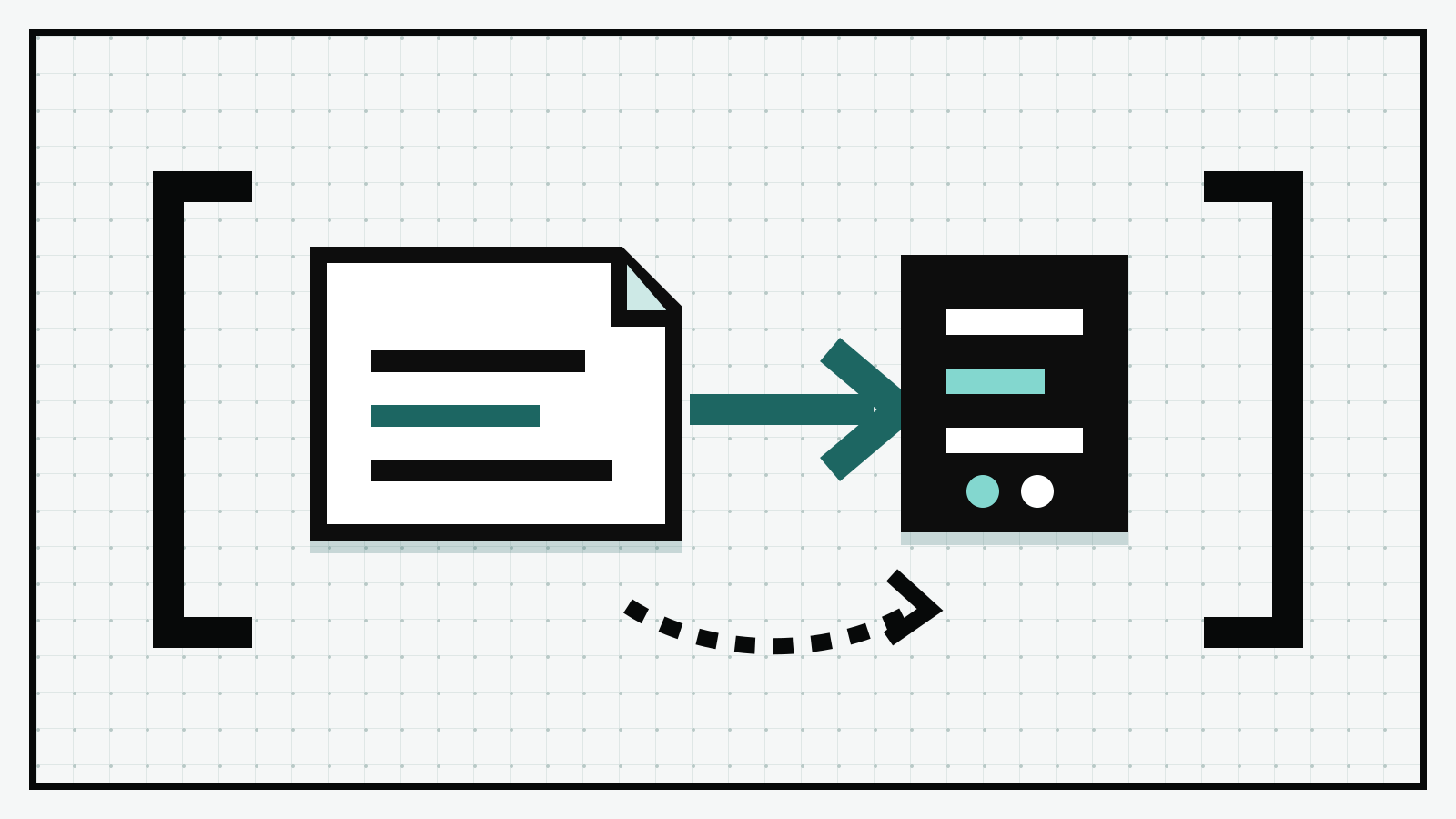 An issue sheet points through a mint arrow to a pull request panel between black brackets on a pale technical grid.