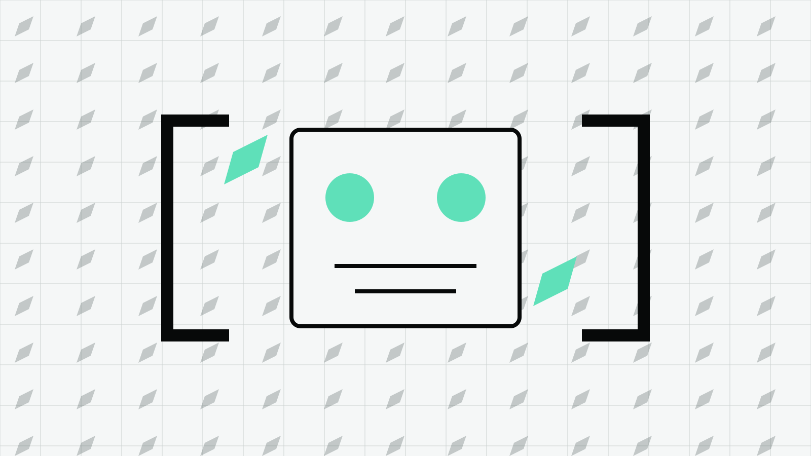 A pale technical grid with black brackets framing a mint-accented custom agent profile card.