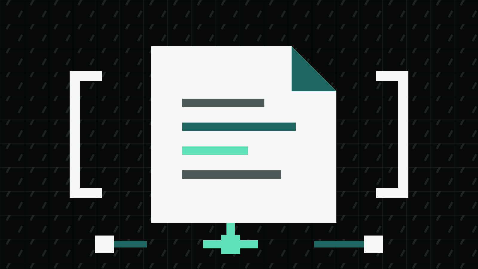 A paper prompt file with a folded teal corner and four configuration bars sits between white square brackets on a dark technical grid, with a mint input node below.