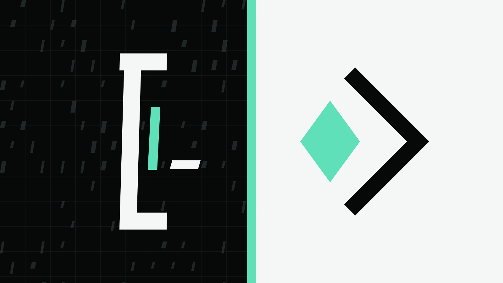 A split field with a mint seam: a paper square bracket around a mint cursor bar on the dark side, a mint diamond beside a dark angle chevron on the light side.