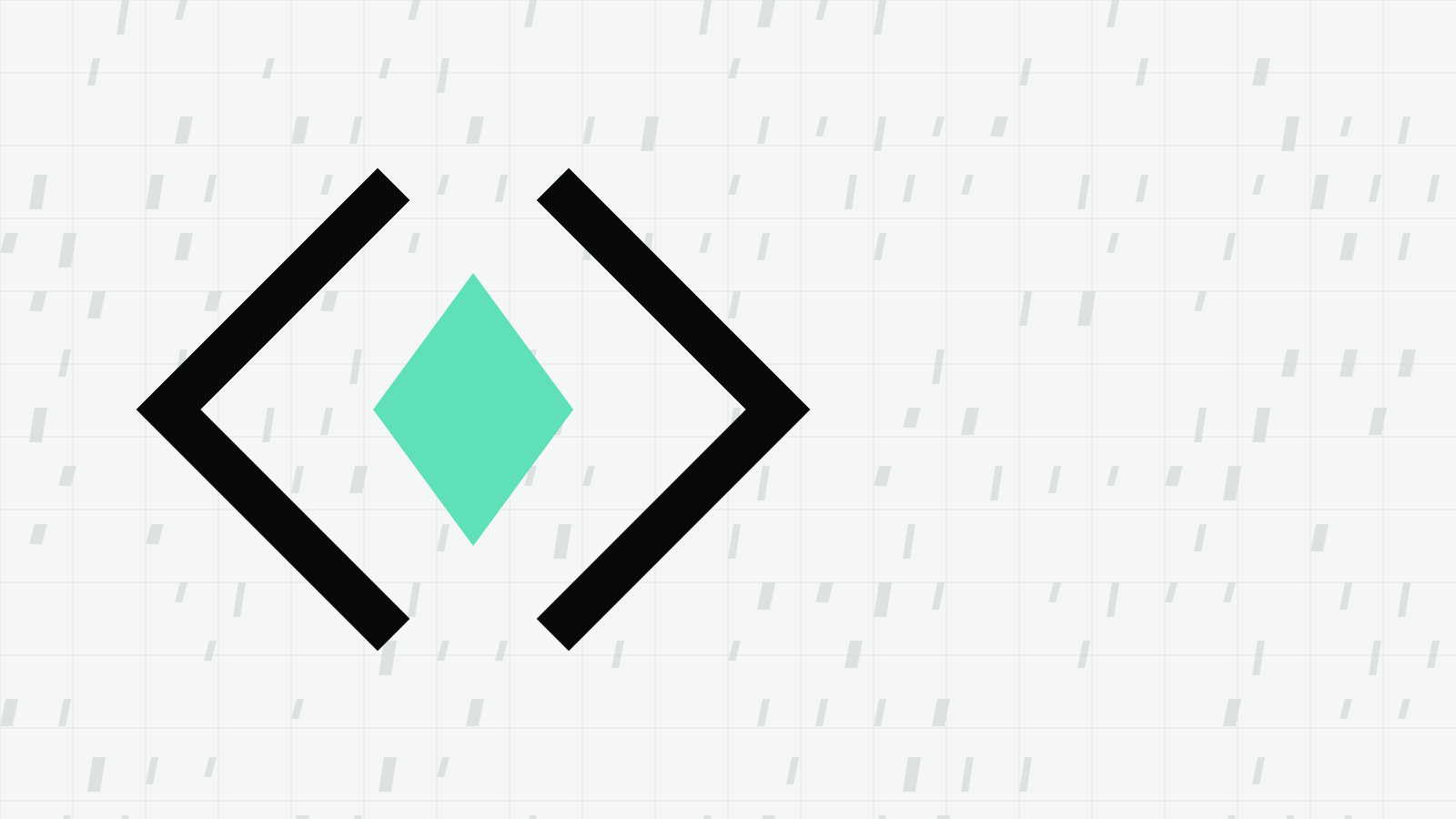 Two dark angle brackets around a mint diamond on a light grid of small slanted blades
