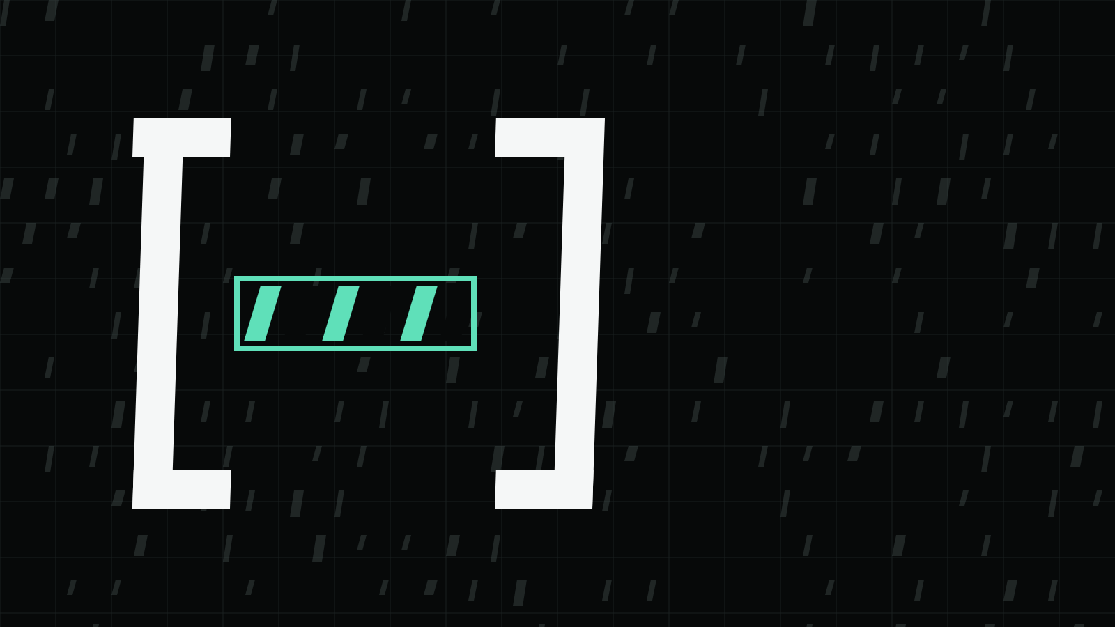 Two large paper-white square brackets on a dark grid enclosing a mint-outlined band of alternating mint and dark slanted stripes