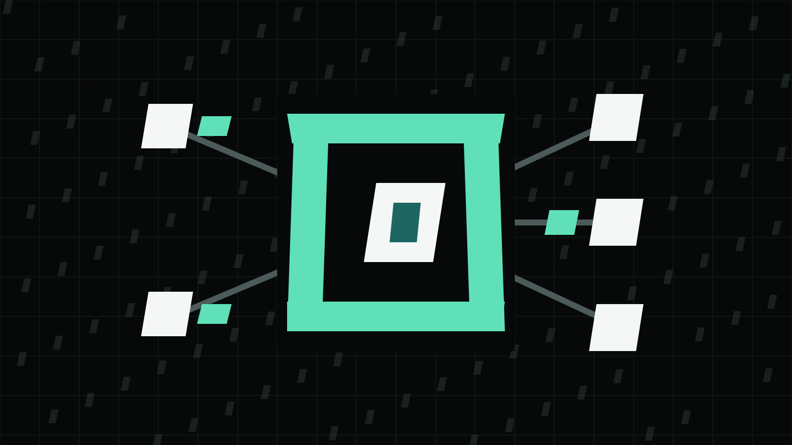 Mint brackets around a white token block, linked to five white resource blocks on a dark grid.