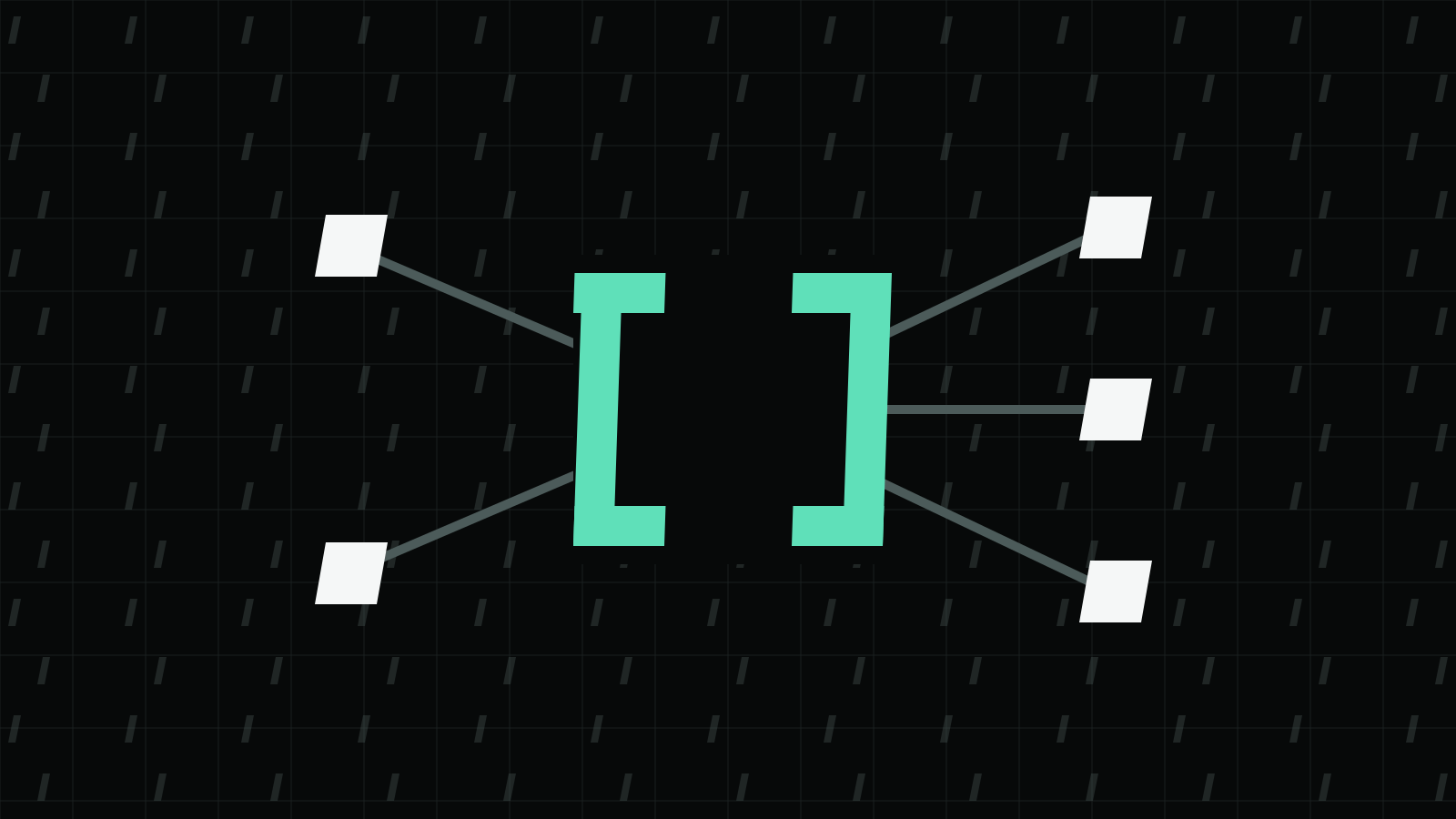 Mint brackets connected to five paper-white endpoint blocks on a dark technical grid.