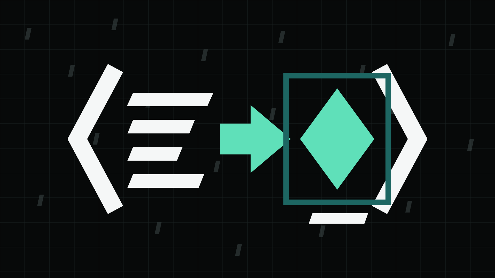 Paper configuration bars pass through a mint migration arrow into a diamond framed by brackets on a dark technical grid.