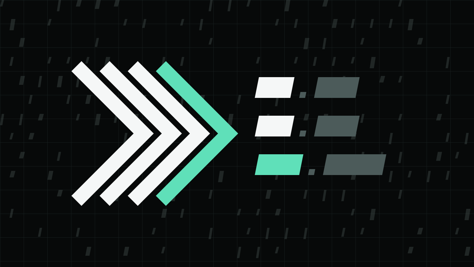 Four angle chevrons pointing right on a dark grid, the last one mint, beside three rows of short slanted bars, the lowest bar mint