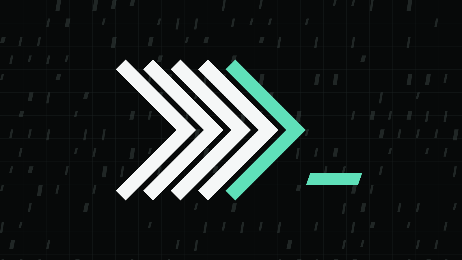 Five white chevrons pointing right on a dark grid, the last one mint, with a short mint bar below them