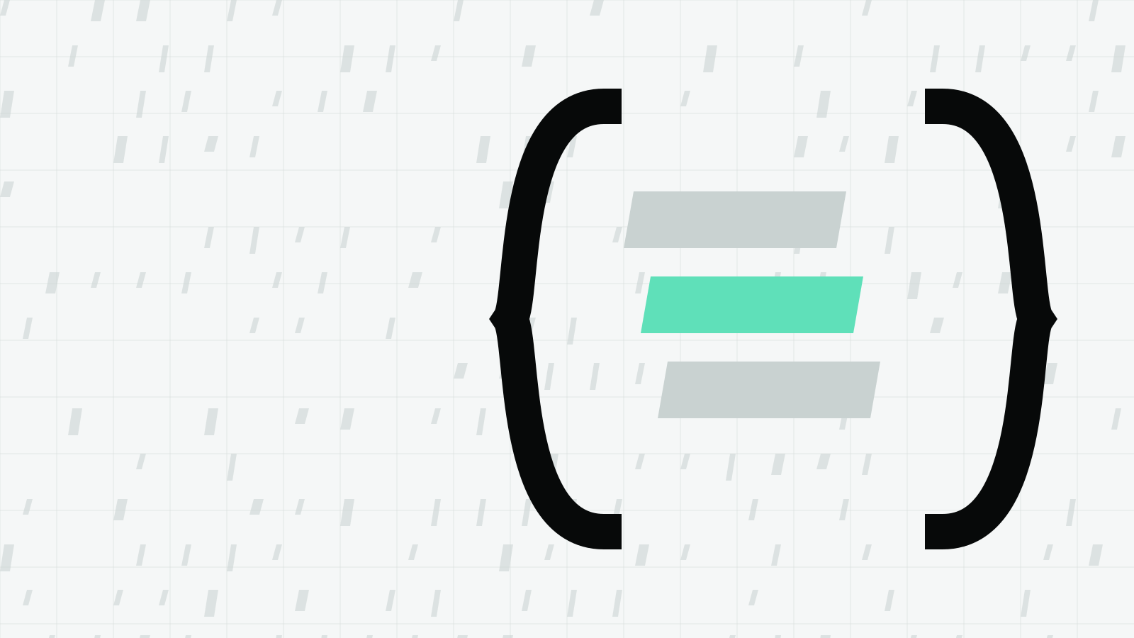 Black curly braces on a light grid around three stacked slanted bars, the middle one mint, set to the right of the frame