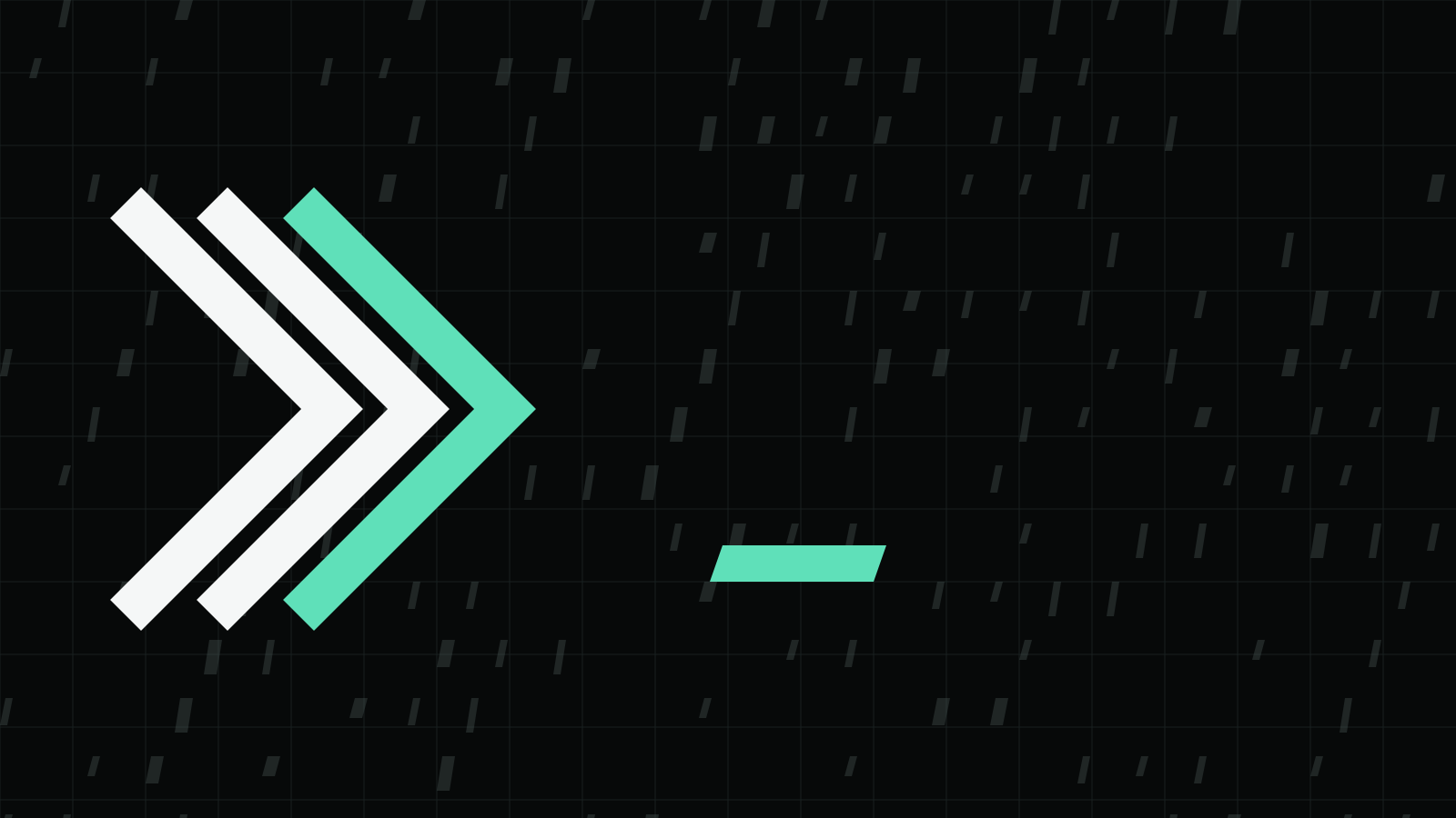Three right-pointing chevrons on a dark grid, the last one mint, with a mint slanted bar below to the right
