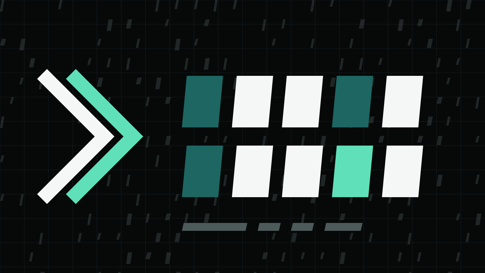 Two chevrons, one white and one mint, point at a grid of ten slanted blocks in two rows, one block mint, above four short grey bars on a dark grid.