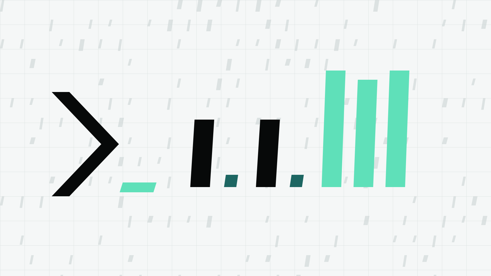 A black chevron with a mint cursor bar on a pale grid, followed by two black bars, two teal dots and three tall mint bars
