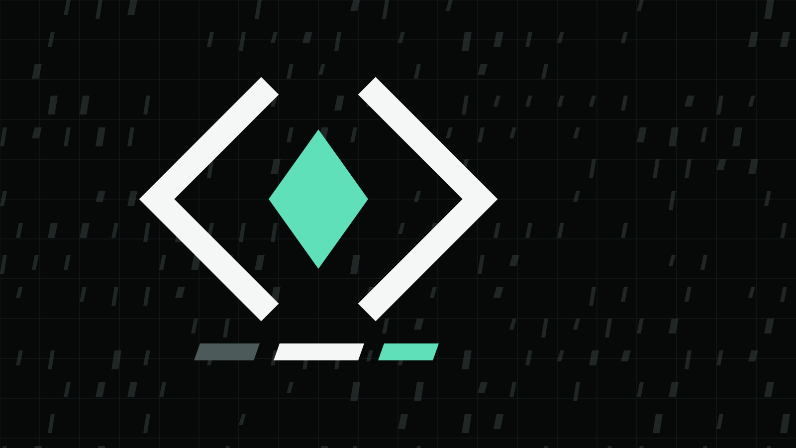 Two white angle brackets around a mint diamond on a dark grid, with three slanted bars below in grey, white and mint