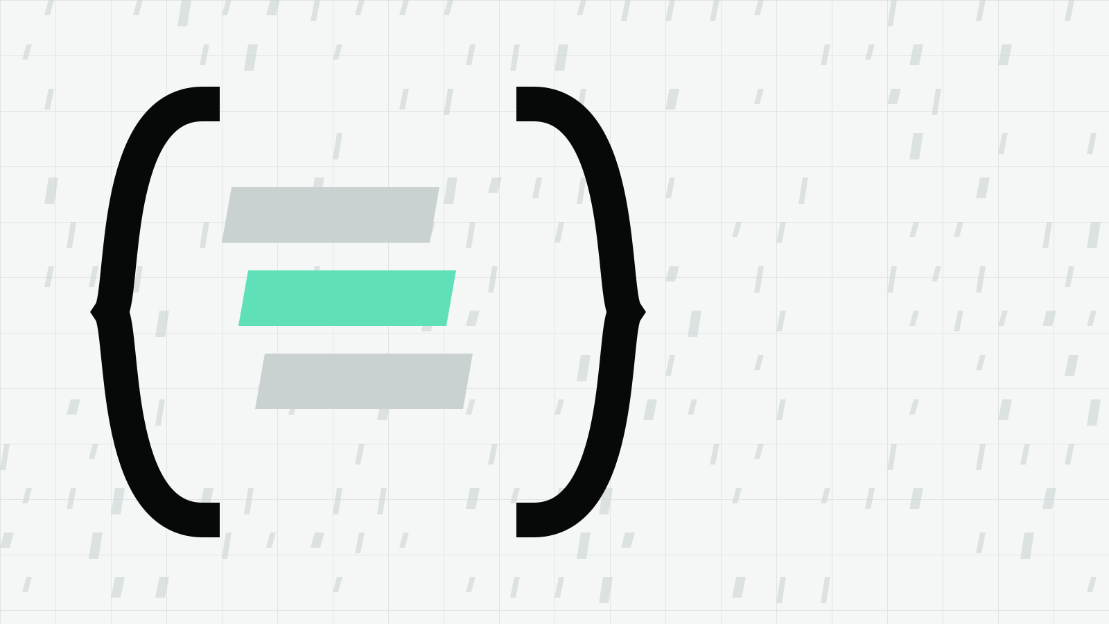 A pair of black curly braces on a light grid around three stacked slanted bars, the middle bar mint