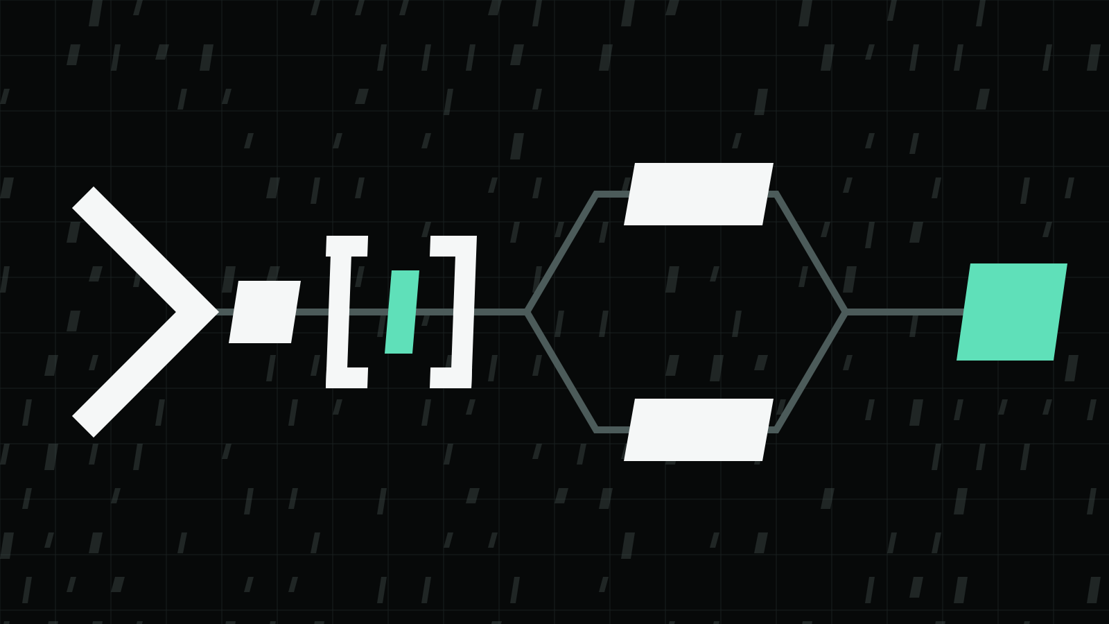 A paper chevron leads along a grey line through a block and a bracketed mint bar, splits into two parallel paper blades and rejoins at a mint block, on an ink grid.