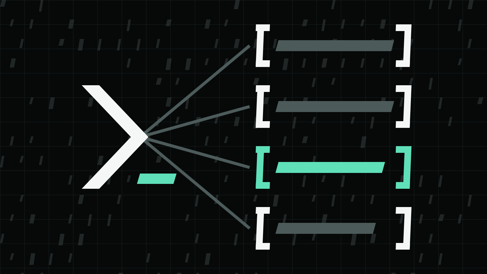 A white chevron on a dark grid with a mint cursor bar, fanning grey lines out to four bracketed bars, one of them mint