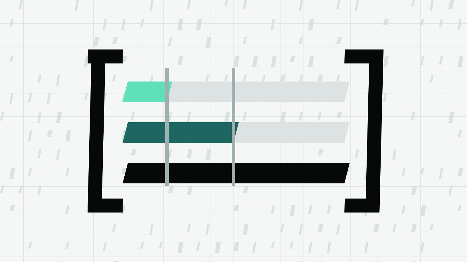 Three slanted horizontal bars between black square brackets, filled to a fifth in mint, half in teal and fully in black, crossed by two grey markers on a pale grid.