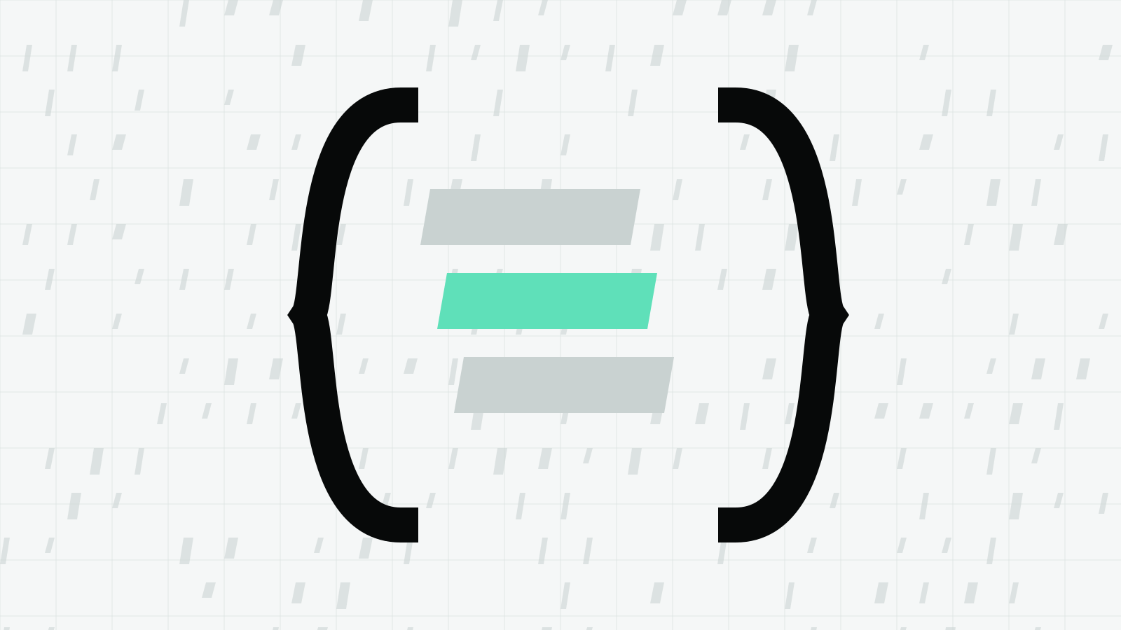 Two black curly braces on a pale grid around three stacked slanted bars, the middle one mint