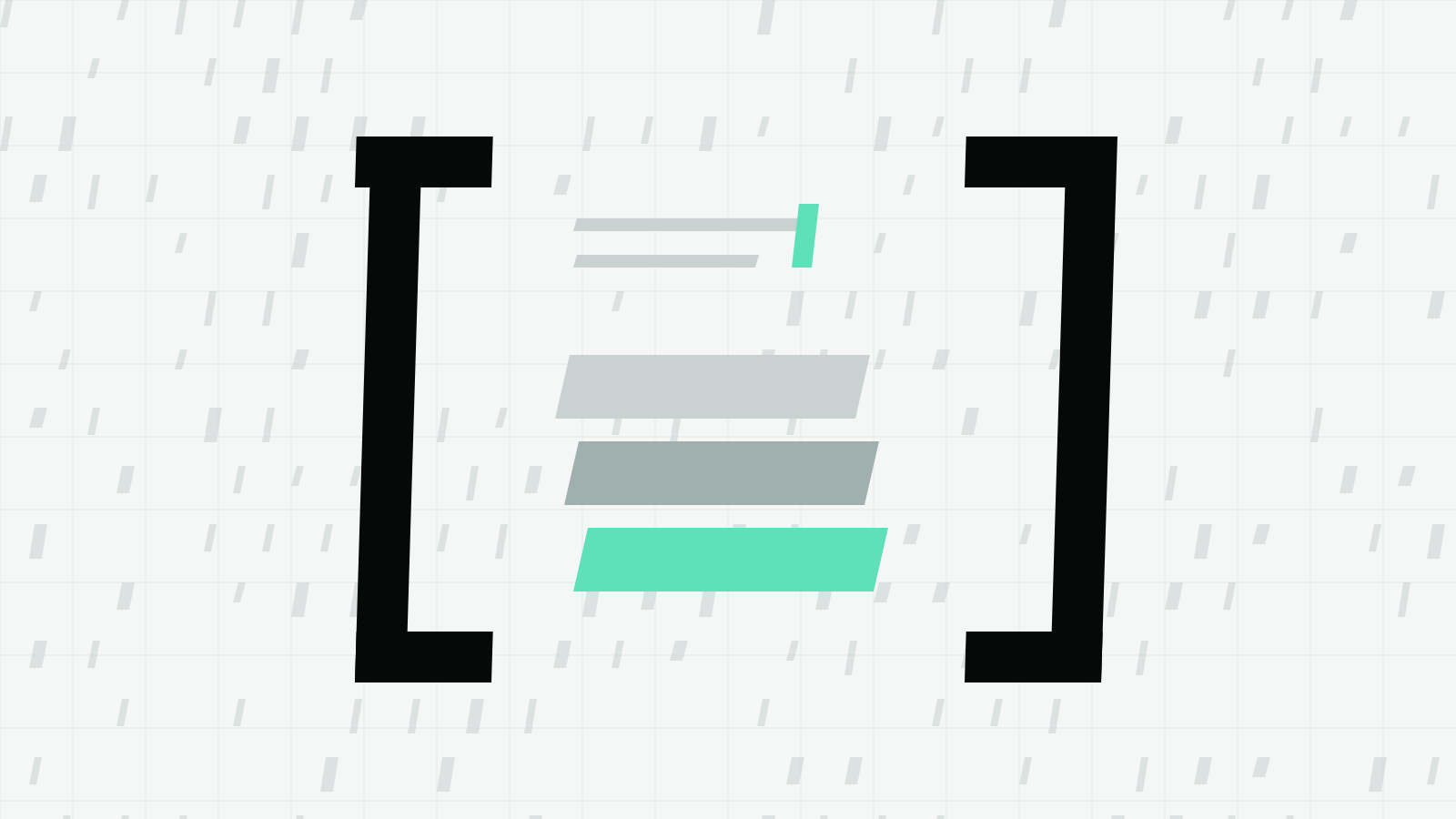 Black square brackets on a light grid around two thin prompt lines, a mint cursor and three stacked slanted bars, the lowest one mint.